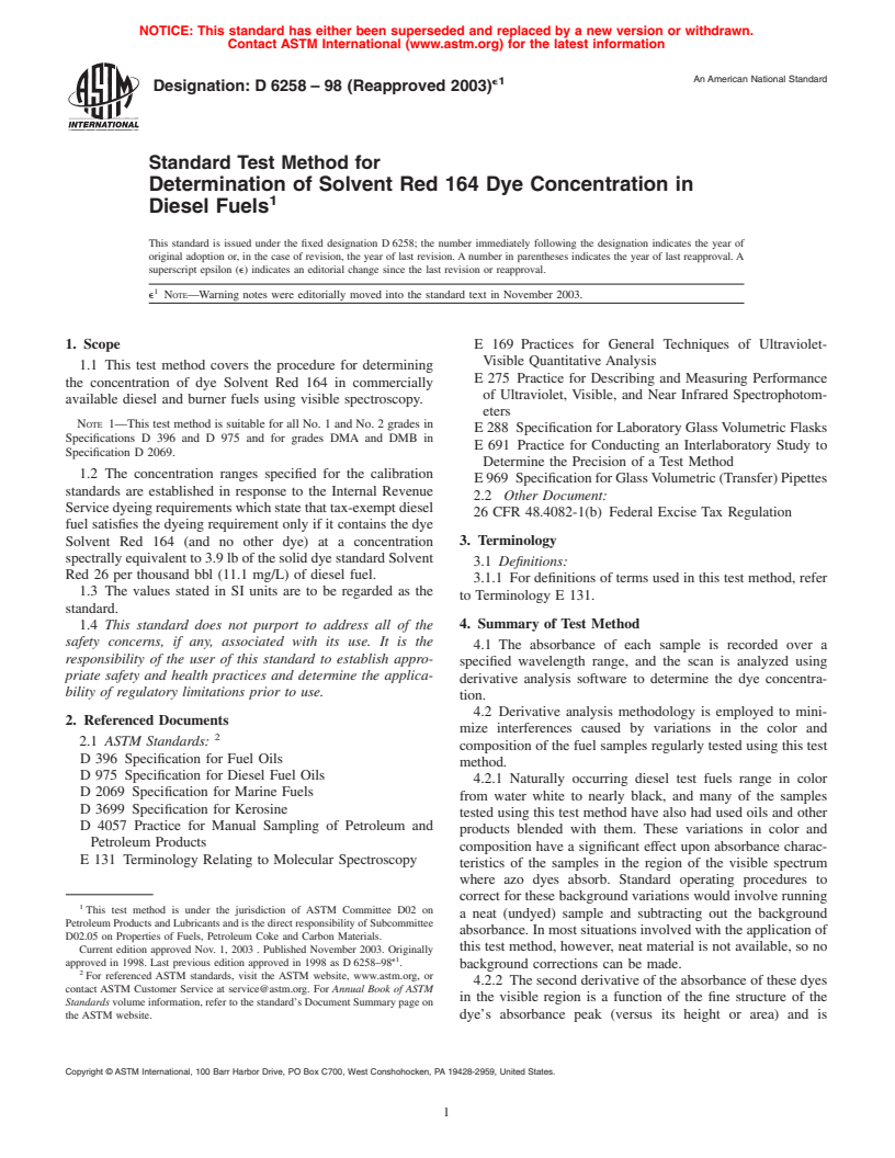 ASTM D6258-98(2003)e1 - Standard Test Method for Determination of Solvent Red 164 Dye Concentration in Diesel Fuels