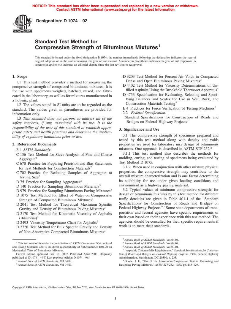 ASTM D1074-02 - Standard Test Method for Compressive Strength of Bituminous Mixtures