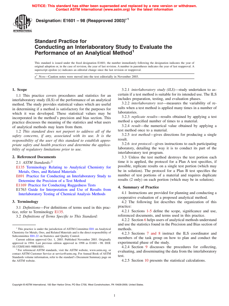 ASTM E1601-98(2003)e1 - Standard Practice for Conducting an Interlaboratory Study to Evaluate the Performance of an Analytical Method