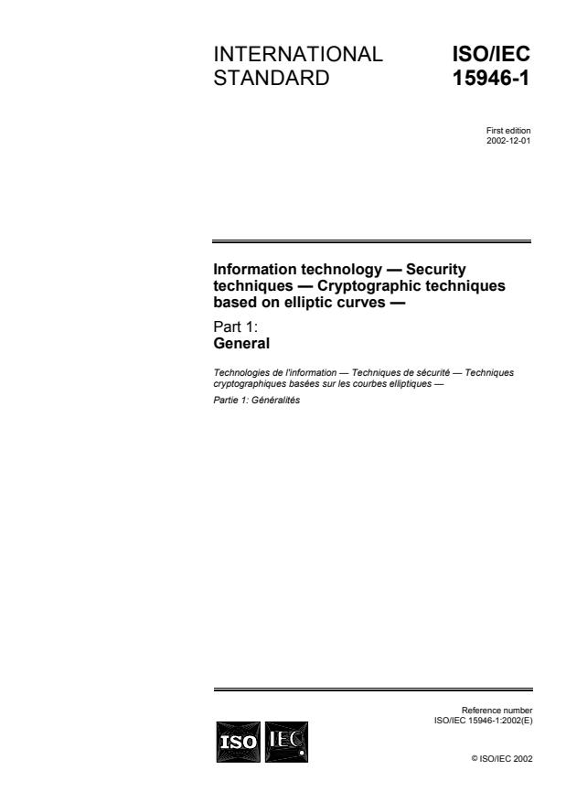 ISO/IEC 15946-1:2002 - Information technology -- Security techniques -- Cryptographic techniques based on elliptic curves
