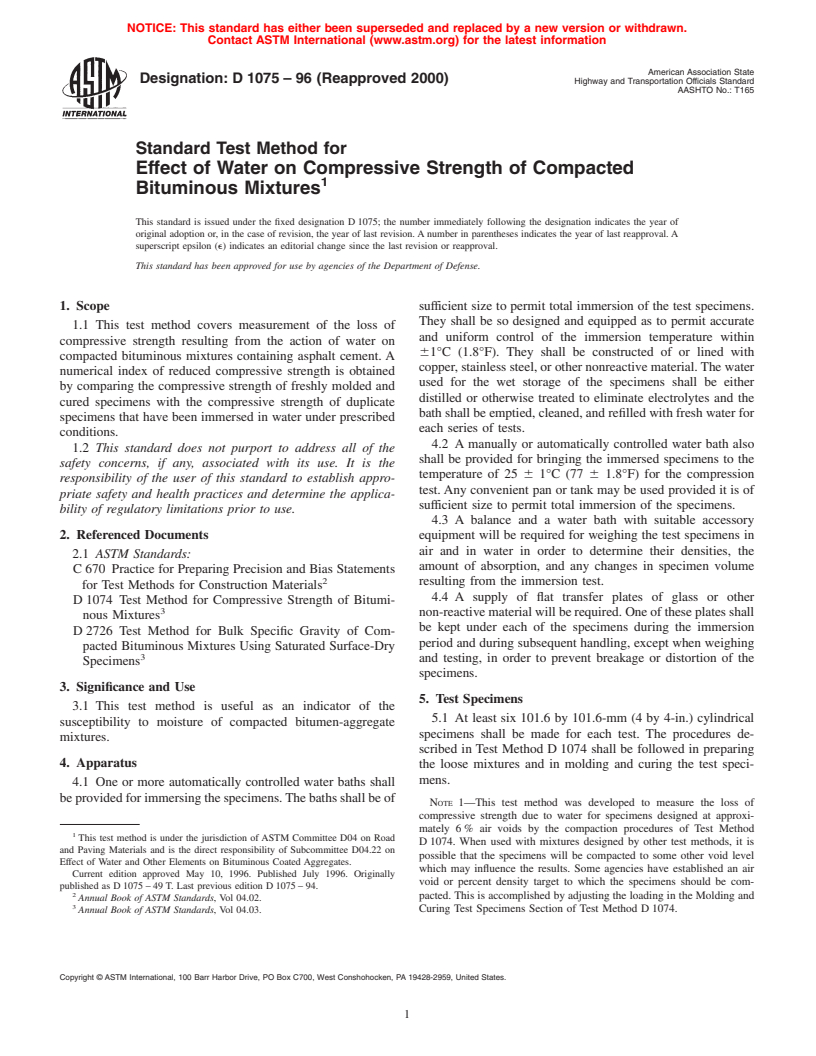 ASTM D1075-96(2000) - Standard Test Method for Effect of Water on Compressive Strength of Compacted Bituminous Mixtures