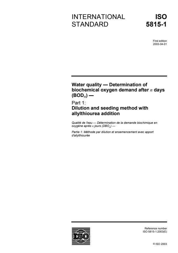ISO 5815-1:2003 - Water quality -- Determination of biochemical oxygen demand after n days (BODn)