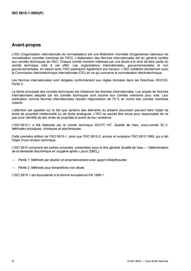 ISO 5815-1:2003 ISO 5815-1:2003 - Qualité de l'eau -- Détermination de la demande biochimique en oxygene apres n jours (DBOn) - Page 4 preview