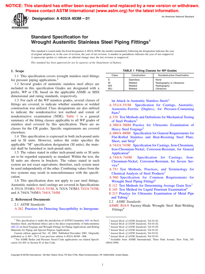 ASTM A403/A403M-01 - Standard Specification for Wrought Austenitic Stainless Steel Piping Fittings