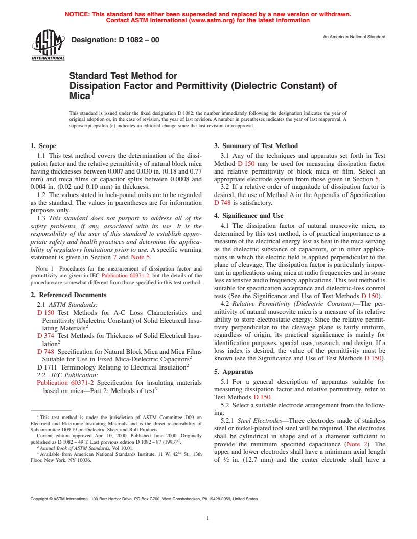 ASTM D1082-00 - Standard Test Method for Dissipation Factor and Permittivity (Dielectric Constant) of Mica