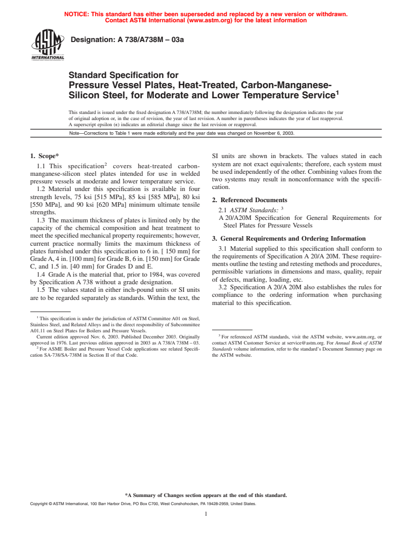 ASTM A738/A738M-03a - Standard Specification for Pressure Vessel Plates, Heat-Treated, Carbon-Manganese-Silicon Steel, for Moderate and Lower Temperature Service