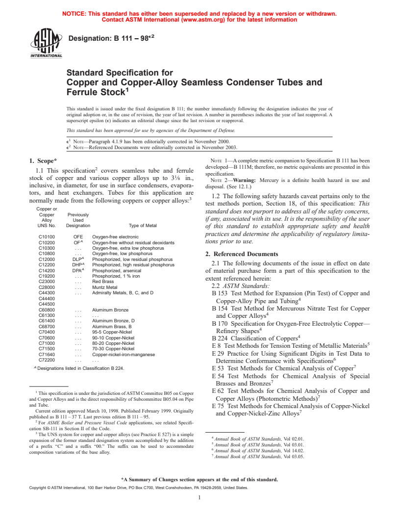 ASTM B111-98e2 - Standard Specification for Copper and Copper-Alloy Seamless Condenser Tubes and Ferrule Stock