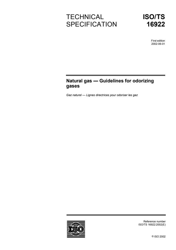 ISO/TS 16922:2002 - Natural gas -- Guidelines for odorizing gases