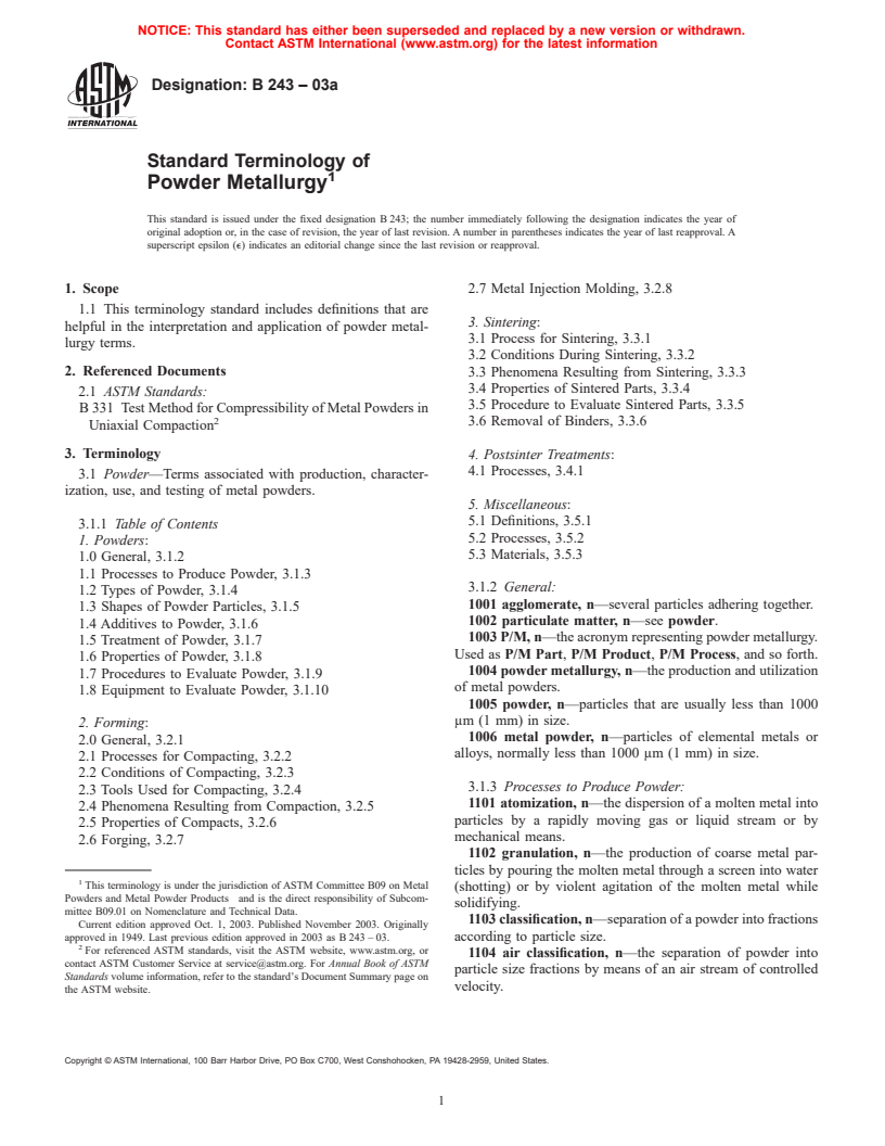 ASTM B243-03a - Standard Terminology of Powder Metallurgy