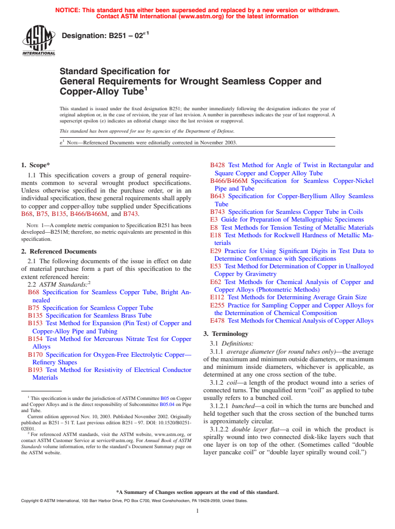 ASTM B251-02e1 - Standard Specification for General Requirements for Wrought Seamless Copper and Copper-Alloy Tube