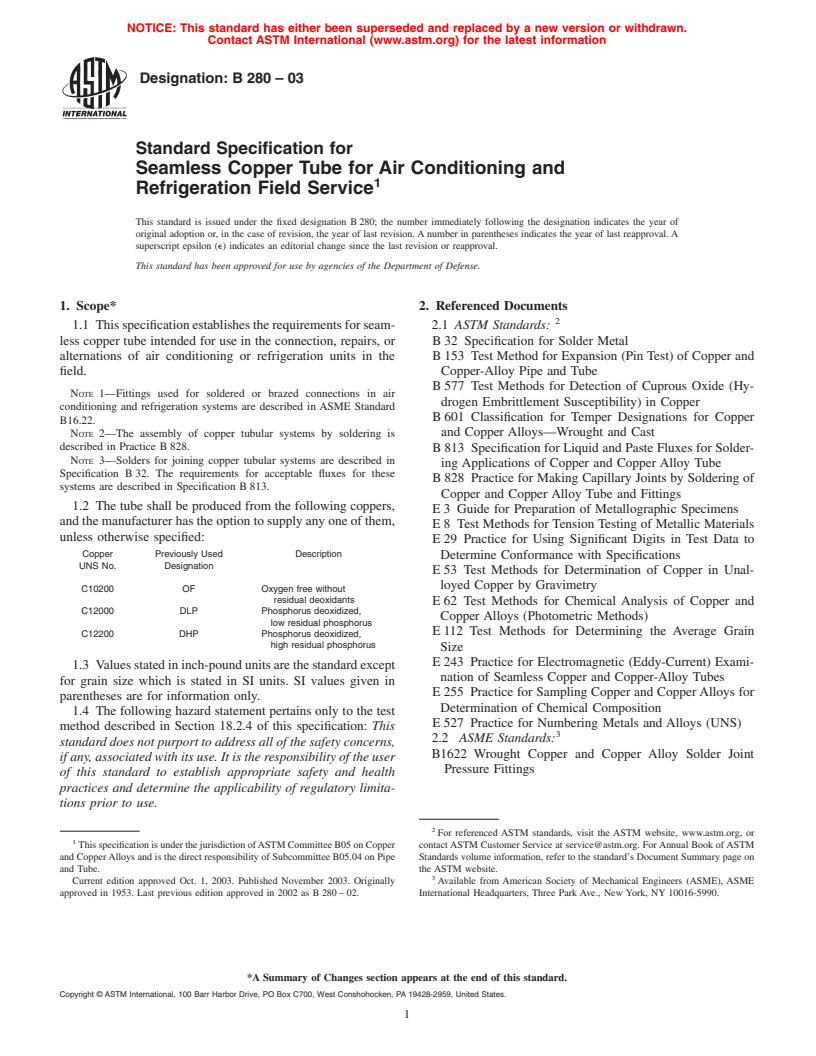 ASTM B280-03 - Standard Specification for Seamless Copper Tube for Air Conditioning and Refrigeration Field Service