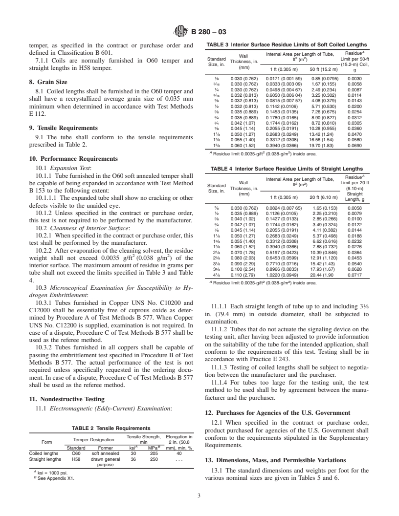 ASTM B280-03 - Standard Specification for Seamless Copper Tube for Air Conditioning and Refrigeration Field Service