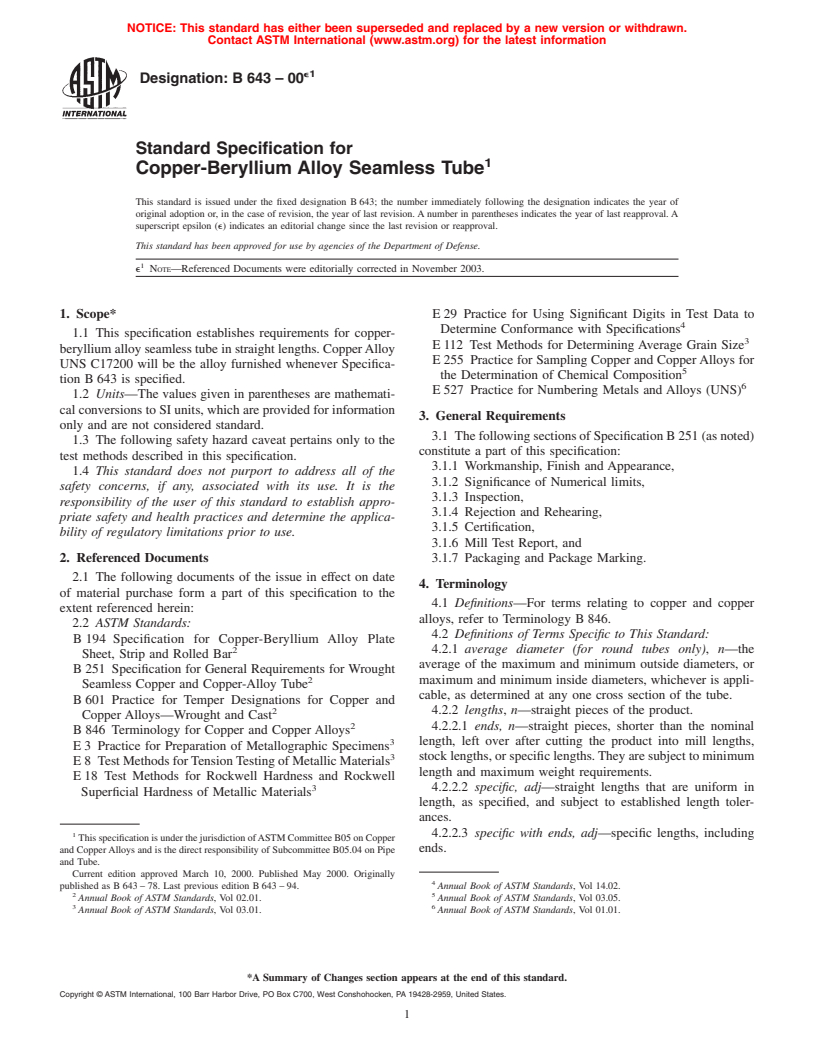 ASTM B643-00e1 - Standard Specification for Copper-Beryllium Alloy Seamless Tube