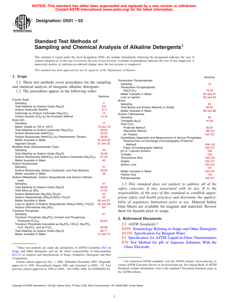 ASTM D501-03 - Standard Test Methods of Sampling and Chemical Analysis of Alkaline Detergents