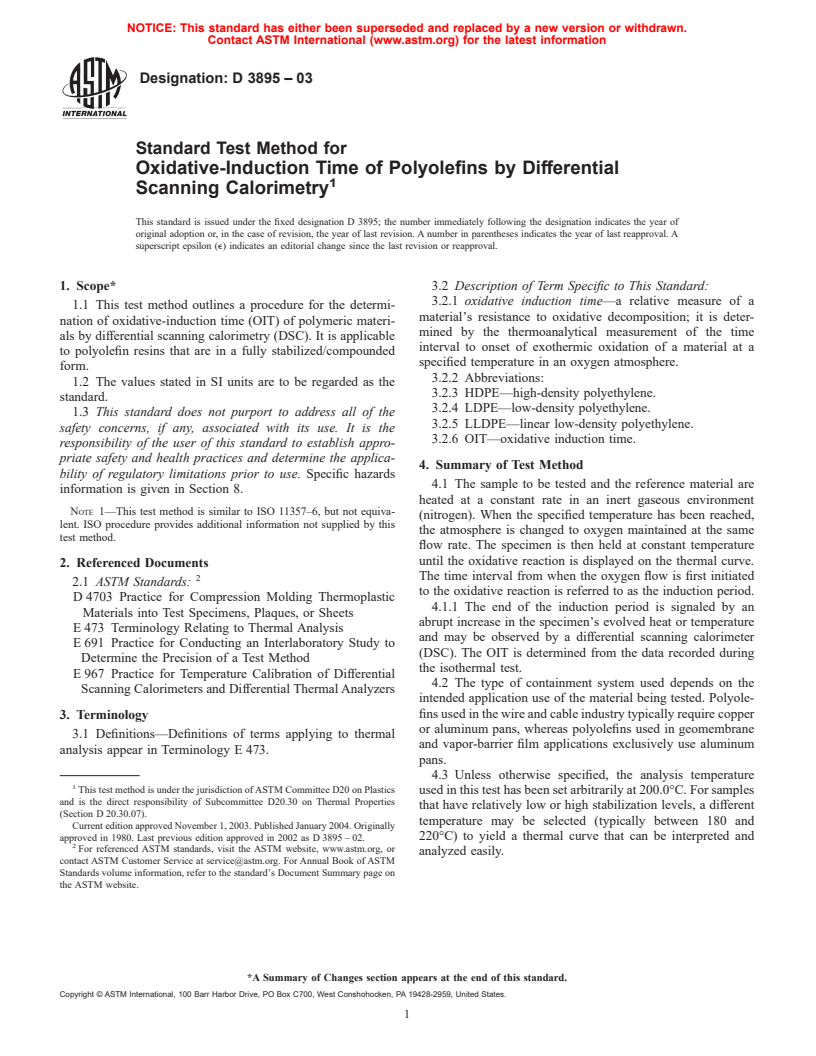 ASTM D3895-03 - Standard Test Method for Oxidative-Induction Time of Polyolefins by Differential Scanning Calorimetry