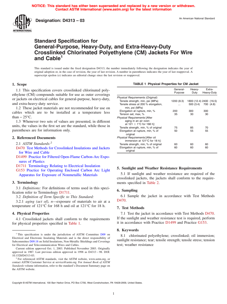 ASTM D4313-03 - Standard Specification for General-Purpose, Heavy-Duty, and Extra-Heavy-Duty Crosslinked Chlorinated Polyethylene (CM) Jackets For Wire and Cable