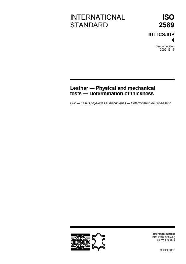ISO 2589:2002 - Leather -- Physical and mechanical tests -- Determination of thickness