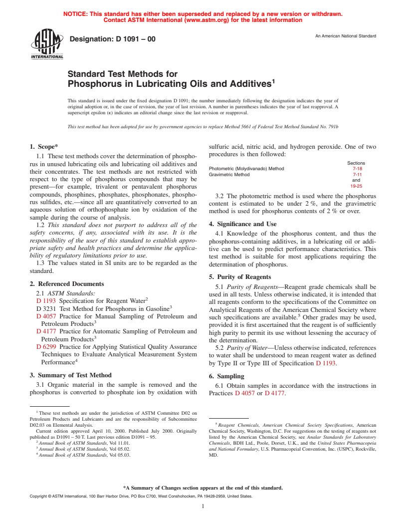 ASTM D1091-00 - Standard Test Methods for Phosphorus in Lubricating Oils and Additives