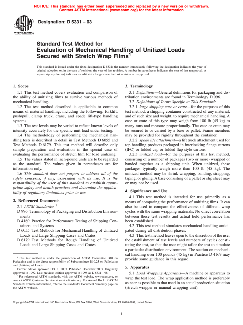 ASTM D5331-03 - Standard Test Method for Evaluation of Mechanical Handling of Unitized Loads Secured with Stretch Wrap Films