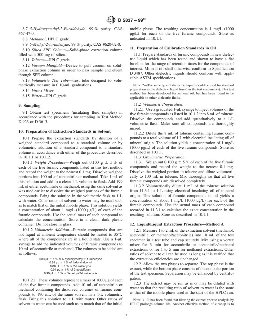 ASTM D5837-99e1 - Standard Test Method for Furanic Compounds in Electrical Insulating Liquids by High- Performance Liquid Chromatography (HPLC)