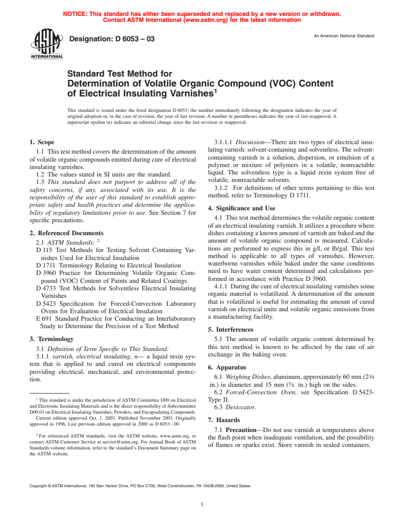 ASTM D6053-03 - Standard Test Method for Determination of Volatile Organic Compound (VOC) Content of Electrical Insulating Varnishes