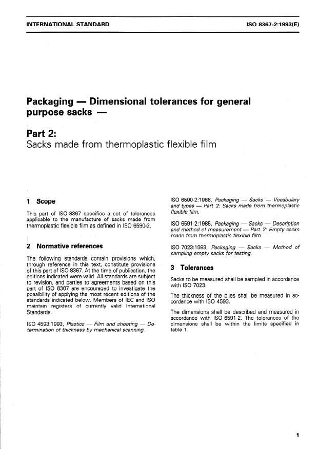 ISO 8367-2:1993 - Packaging -- Dimensional tolerances for general purpose sacks