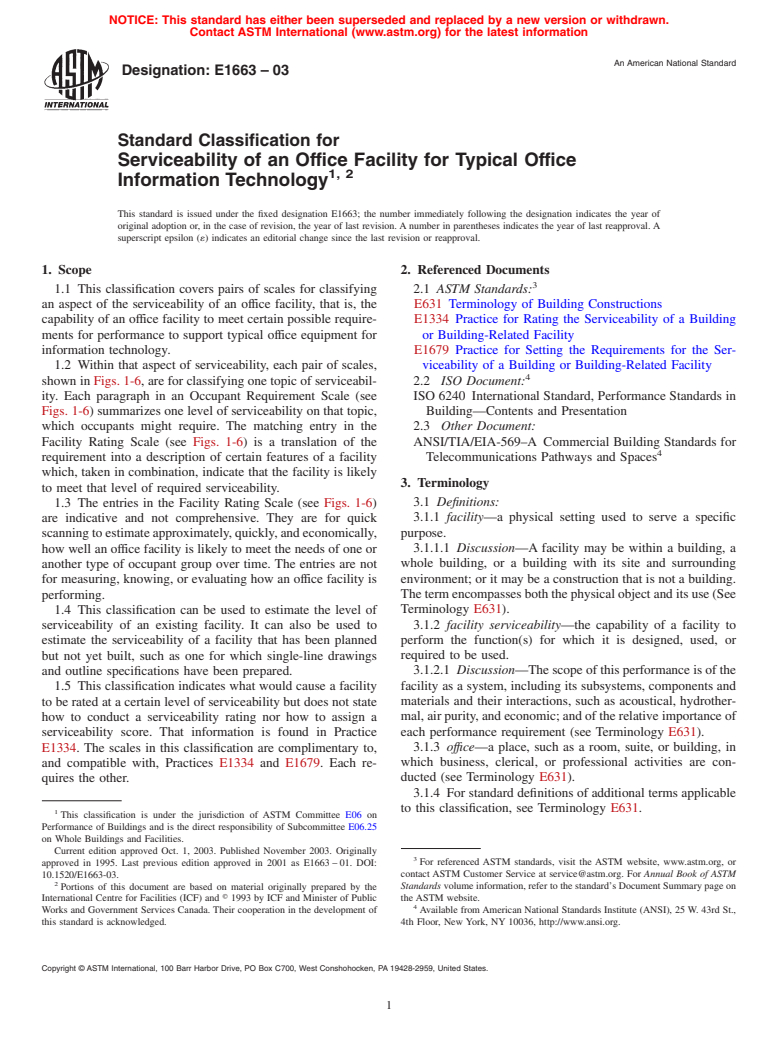 ASTM E1663-03 - Standard Classification for Serviceability of an Office Facility for Typical Office Information Technology