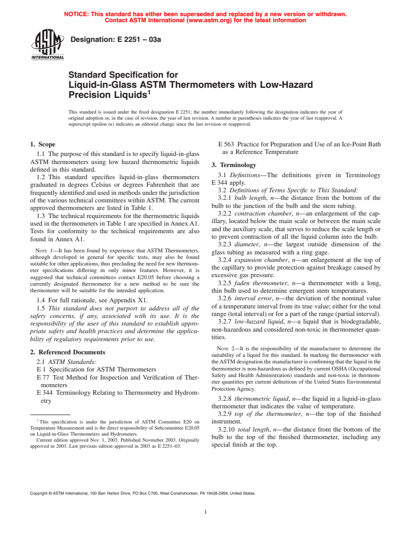 ASTM E2251-03a - Standard Specification for Liquid-in-Glass ASTM Thermometers with Low-Hazard Precision Liquids