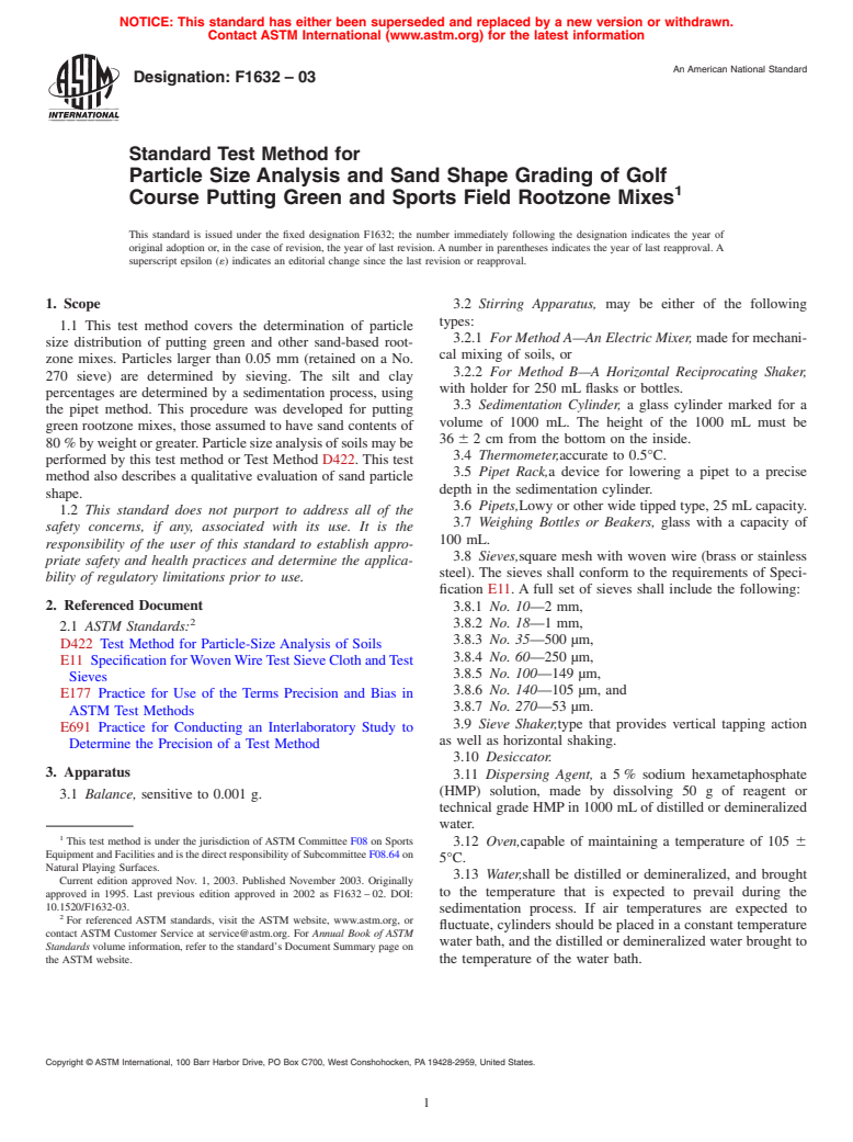 ASTM F1632-03 - Standard Test Method for Particle Size Analysis and Sand Shape Grading of Golf Course Putting Green and Sports Field Rootzone Mixes