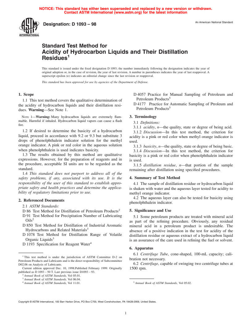 ASTM D1093-98 - Standard Test Method for Acidity of Hydrocarbon Liquids and Their Distillation Residues