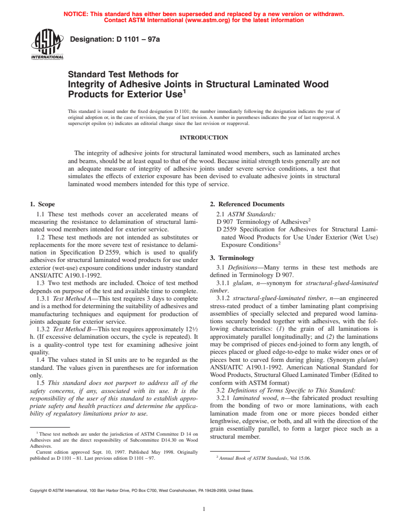 ASTM D1101-97a - Standard Test Methods for Integrity of Adhesive Joints in Structural Laminated Wood Products for Exterior Use