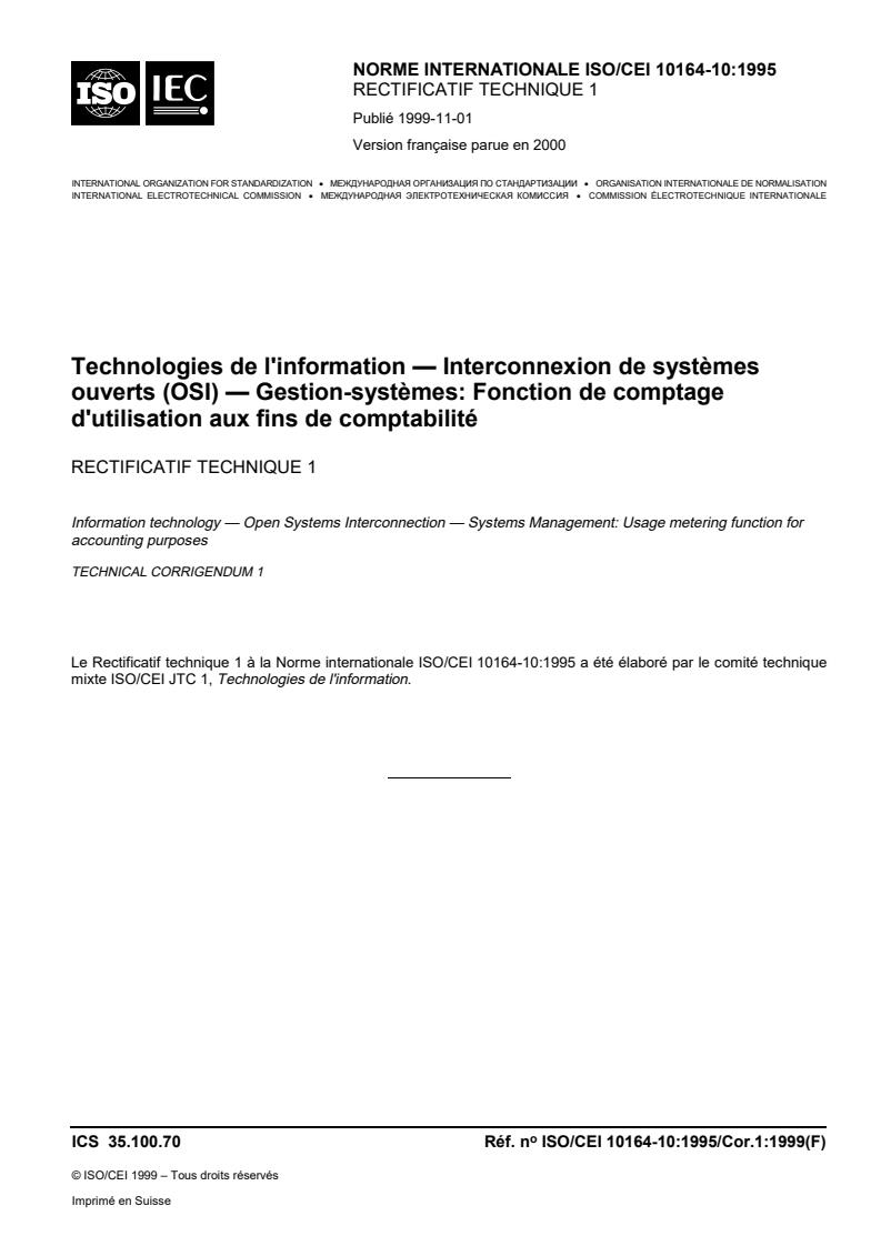 ISO/IEC 10164-10:1995/Cor 1:1999 - Information technology — Open Systems Interconnection — Systems Management: Usage metering function for accounting purposes — Technical Corrigendum 1
Released:4/13/2000