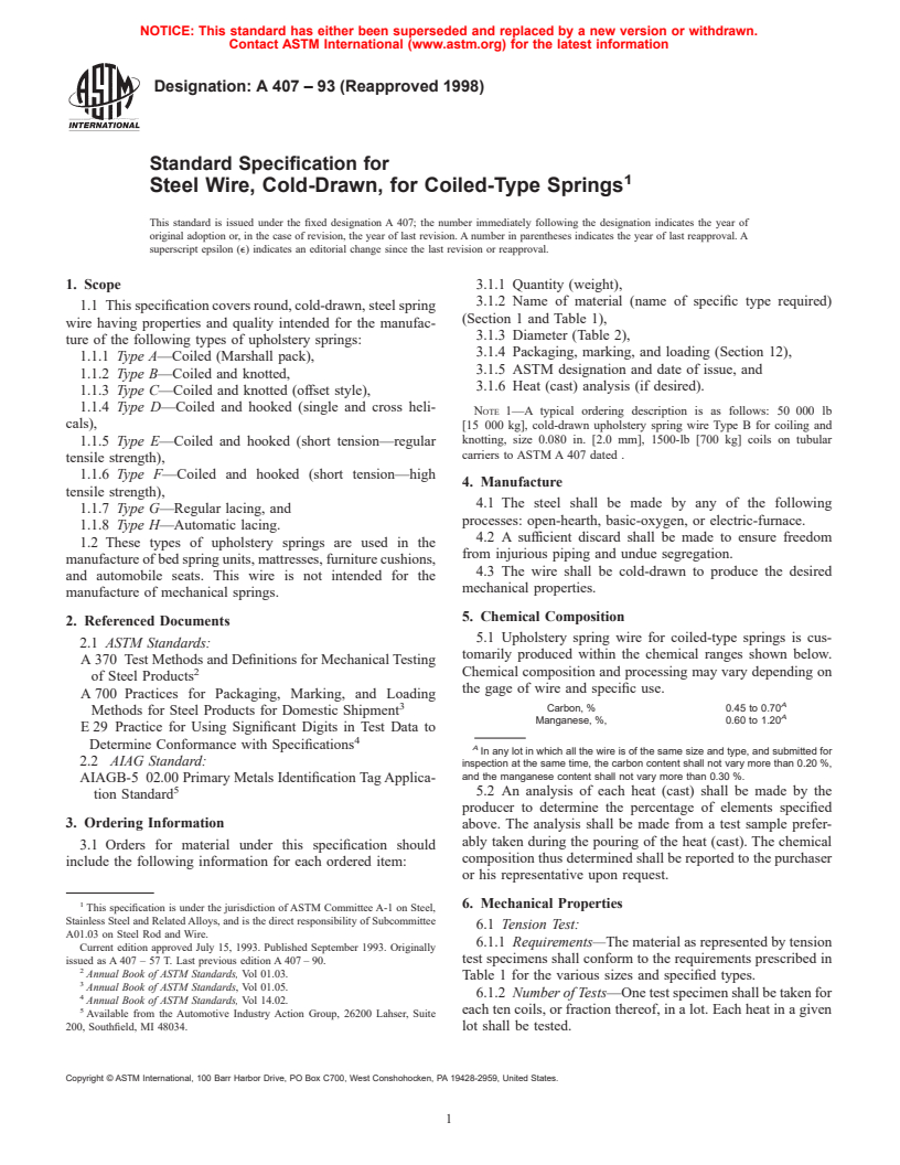 ASTM A407-93(1998) - Standard Specification for Steel Wire, Cold-Drawn, for Coiled-Type Springs