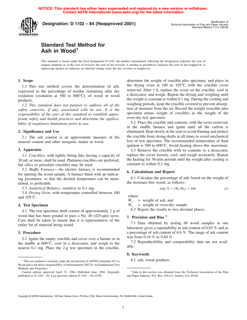 ASTM D1102-84(2001) - Standard Test Method for Ash in Wood