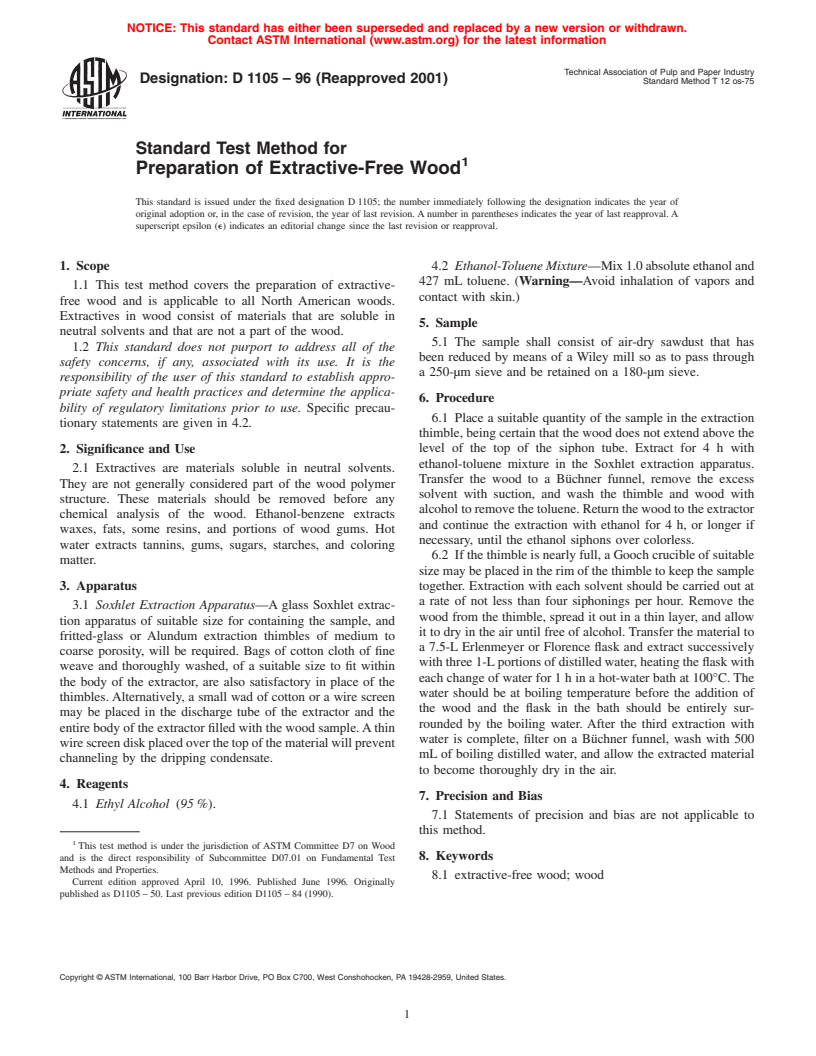 ASTM D1105-96(2001) - Standard Test Method for Preparation of Extractive-Free Wood