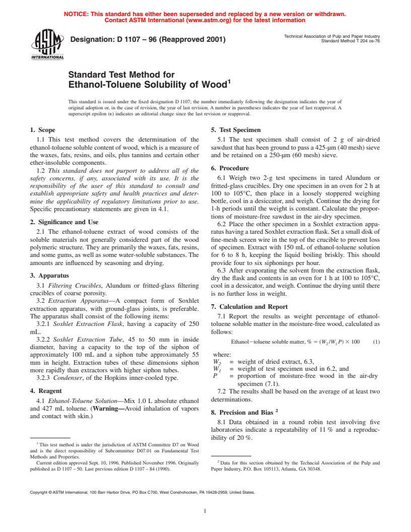 ASTM D1107-96(2001) - Standard Test Method for Ethanol-Toluene Solubility of Wood