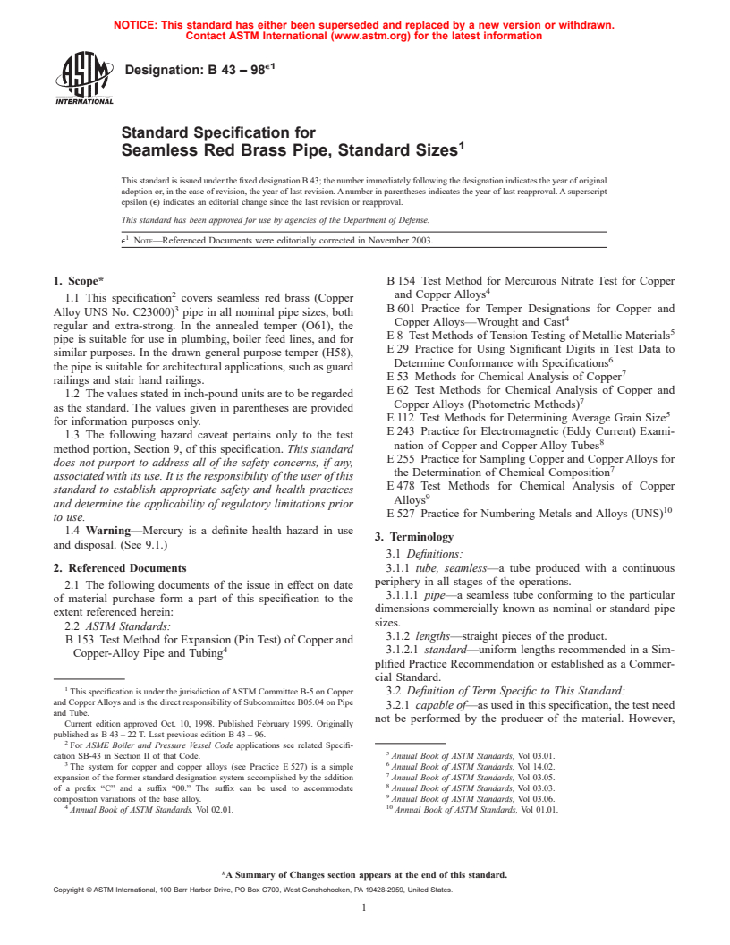 ASTM B43-98e1 - Standard Specification for Seamless Red Brass Pipe, Standard Sizes