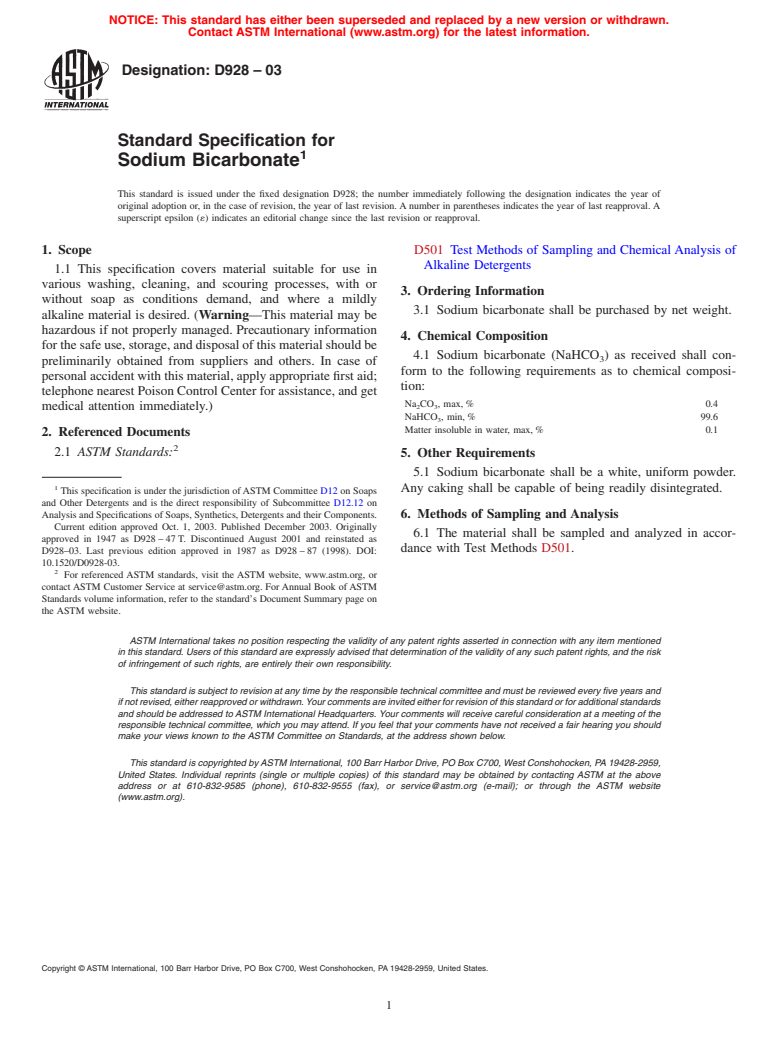 ASTM D928-03 - Standard Specification for Sodium Bicarbonate