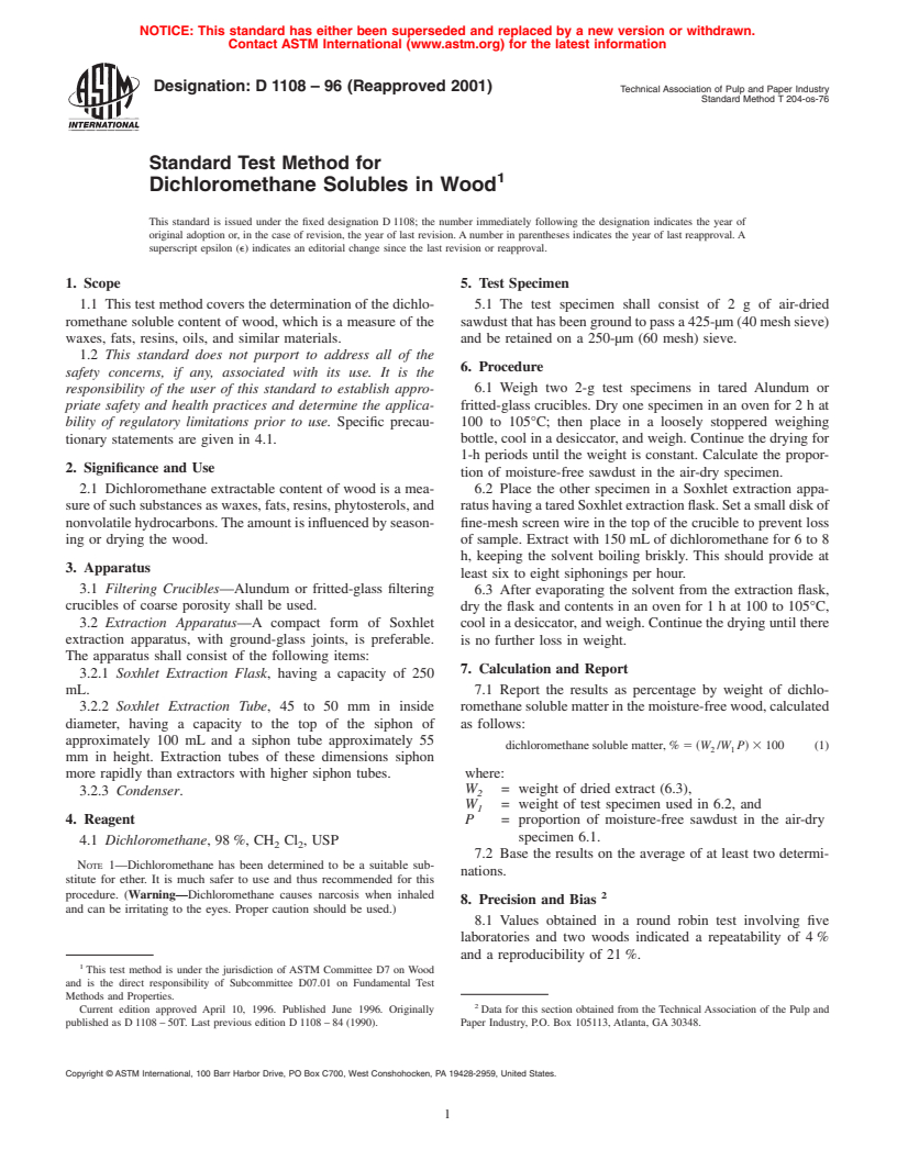 ASTM D1108-96(2001) - Standard Test Method for Dichloromethane Solubles in Wood