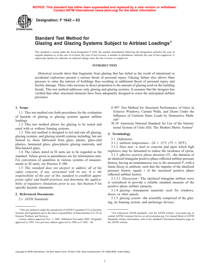 ASTM F1642-03 - Standard Test Method for Glazing and Glazing Systems Subject to Airblast Loadings