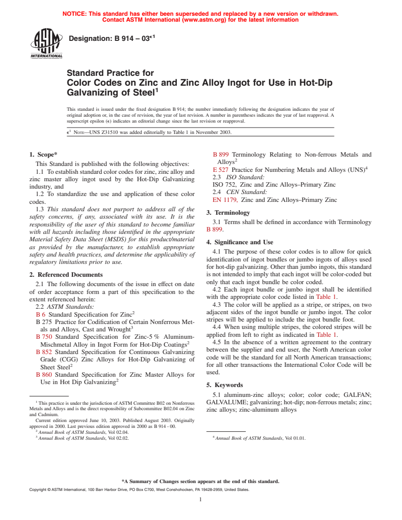 ASTM B914-03e1 - Standard Practice for Color Codes on Zinc and Zinc Alloy Ingot for Use in Hot-Dip Galvanizing of Steel