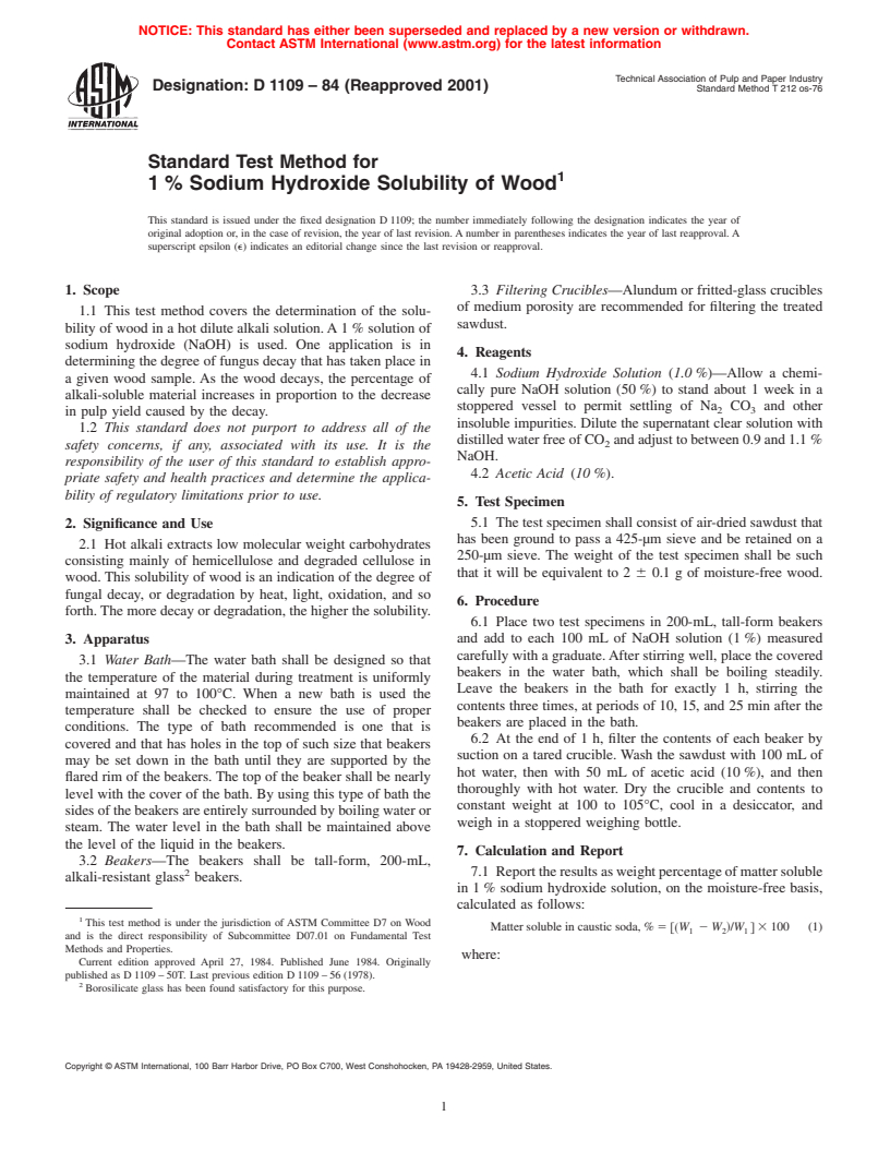 ASTM D1109-84(2001) - Standard Test Method for 1% Sodium Hydroxide Solubility of Wood