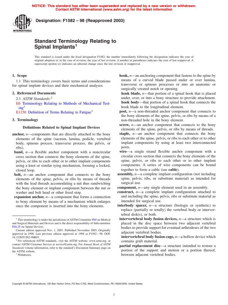 ASTM F1582-98(2003) - Standard Terminology Relating to Spinal Implants