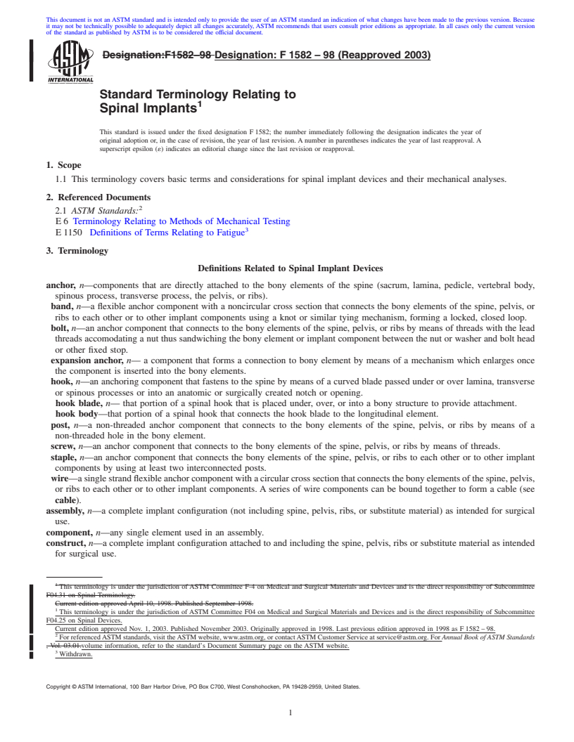 REDLINE ASTM F1582-98(2003) - Standard Terminology Relating to Spinal Implants