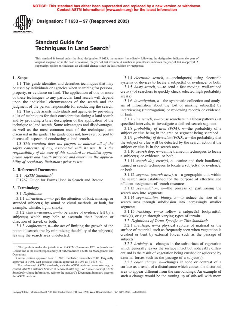 ASTM F1633-97(2003) - Standard Guide for Techniques in Land Search