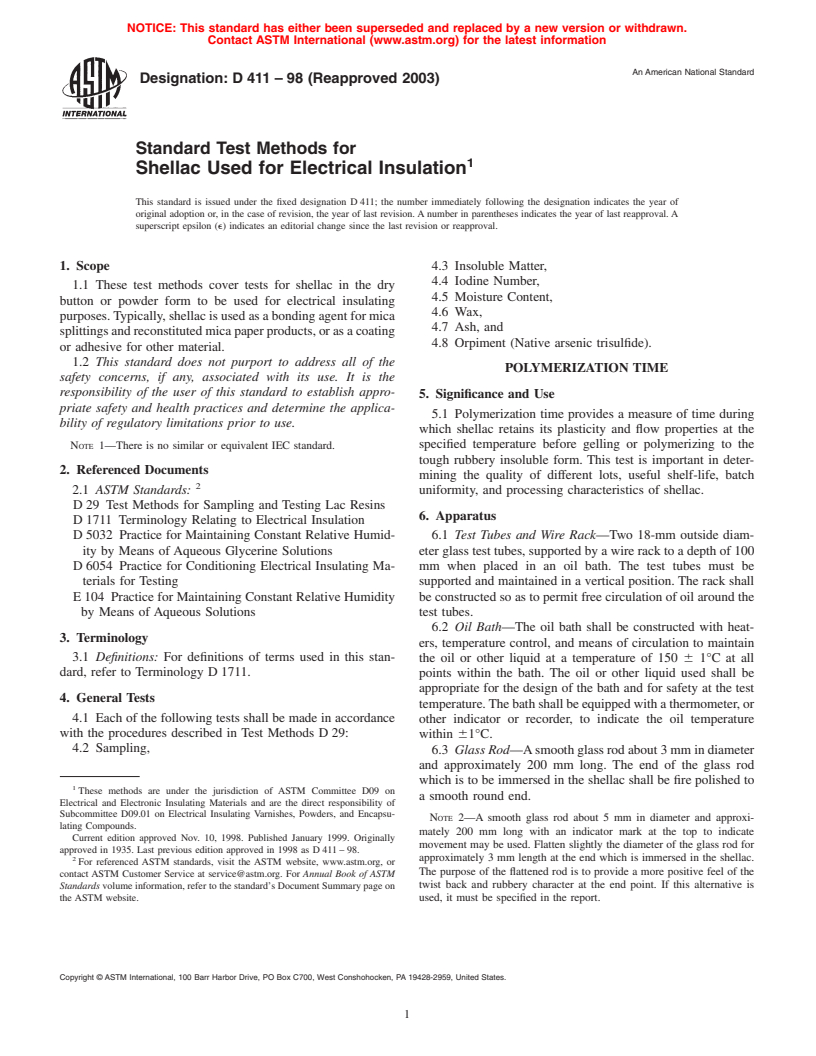 ASTM D411-98(2003) - Standard Test Methods for Shellac Used for Electrical Insulation
