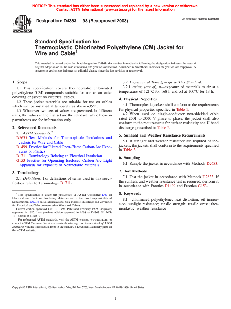 ASTM D4363-98(2003) - Standard Specification for Thermoplastic Chlorinated Polyethylene (CM) Jacket for Wire and Cable