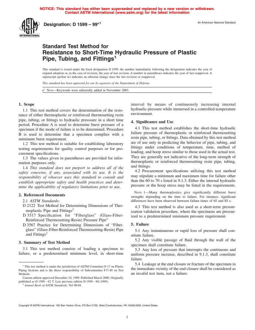 ASTM D1599-99e1 - Standard Test Method for Resistance to Short-Time Hydraulic Failure Pressure of Plastic Pipe, Tubing, and Fittings