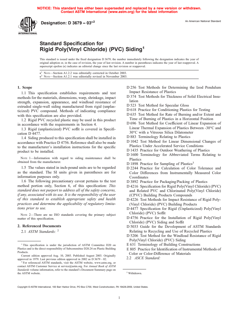 ASTM D3679-03e2 - Standard Specification for Rigid Poly(Vinyl Chloride) (PVC) Siding