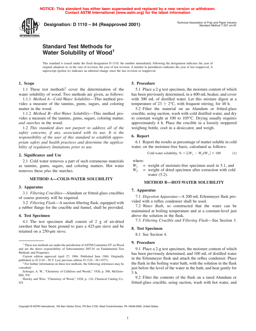 ASTM D1110-84(2001) - Standard Test Methods for Water Solubility of Wood